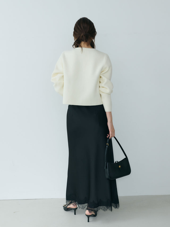 【SET】【Essential】Gold button short knit jacket+裾レースAラインサテンスカート(2set)