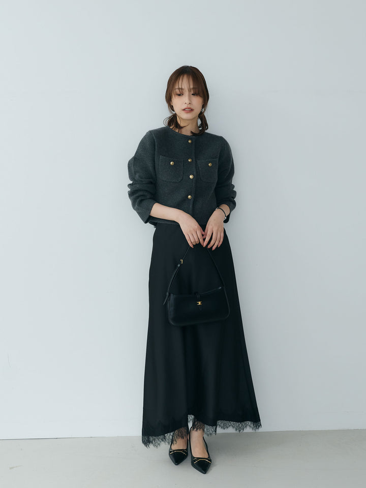 【SET】【Essential】Gold button short knit jacket+裾レースAラインサテンスカート(2set)