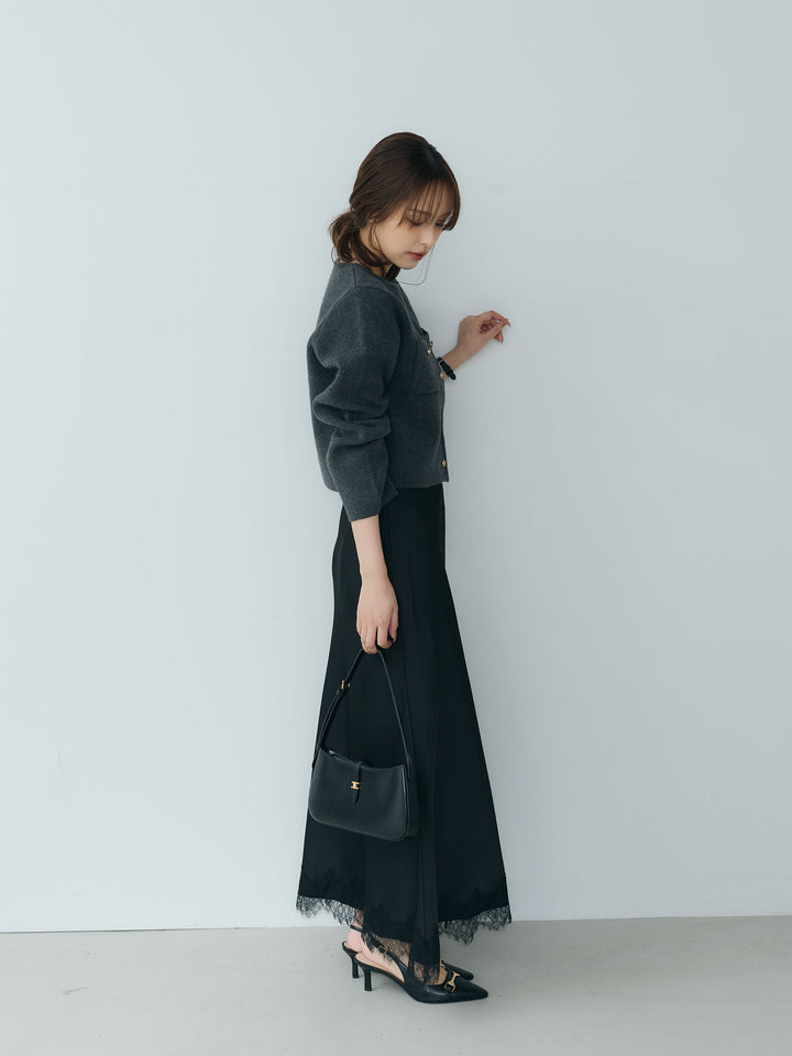 【SET】【Essential】Gold button short knit jacket+裾レースAラインサテンスカート(2set)
