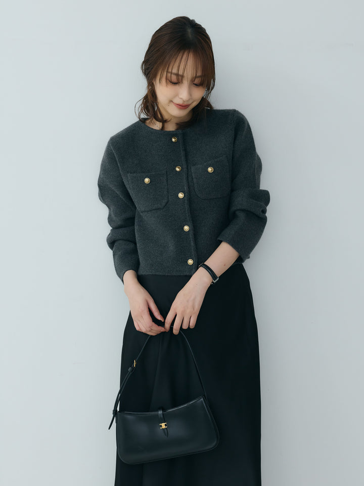 【SET】【Essential】Gold button short knit jacket+裾レースAラインサテンスカート(2set)