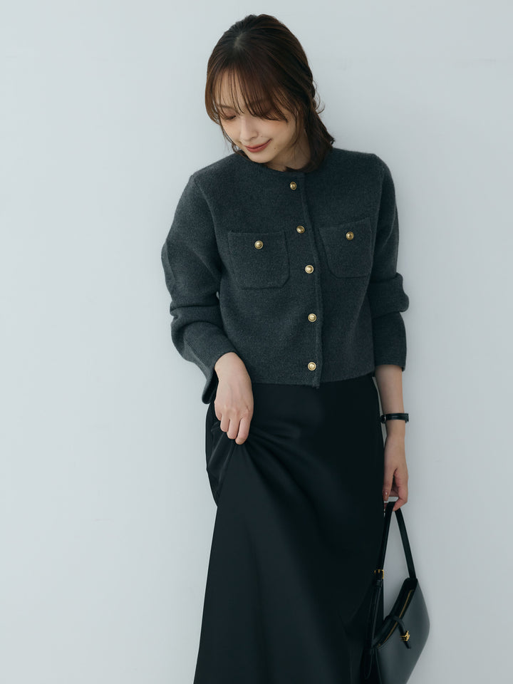 【SET】【Essential】Gold button short knit jacket+裾レースAラインサテンスカート(2set)