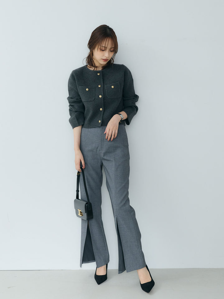 【SET】【Essential】Gold button short knit jacket+【Essential】Front slit semi-flare pants(2set)