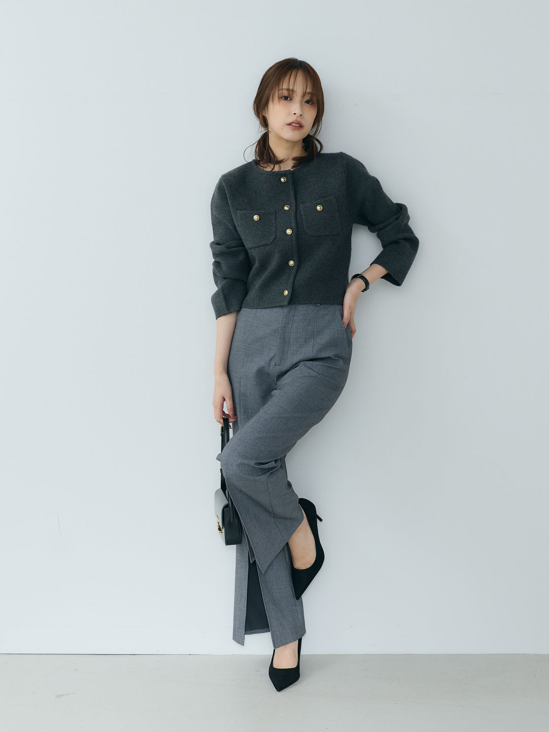 【SET】【Essential】Gold button short knit jacket+【Essential】Front slit semi-flare pants(2set)
