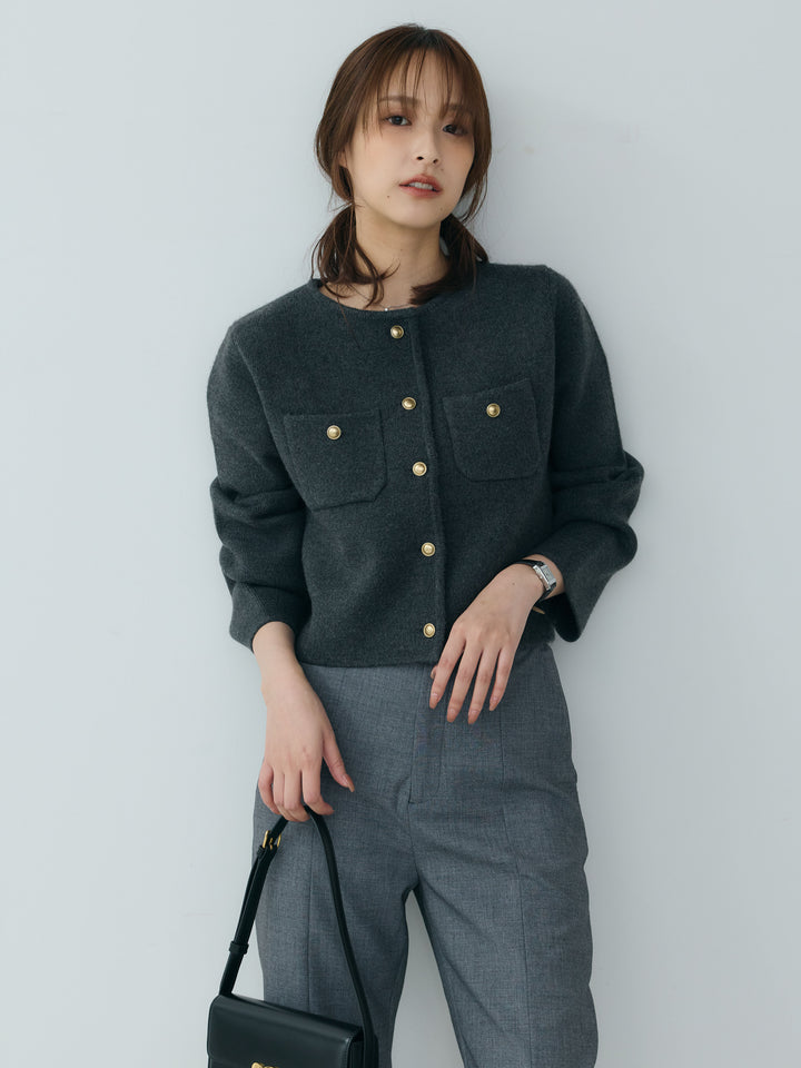 【Essential】Gold button short knit jacket