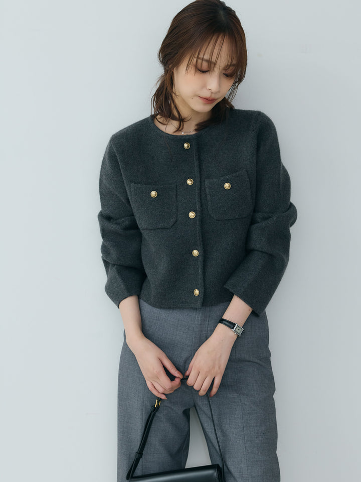 【SET】【Essential】Gold button short knit jacket+【Essential】Front slit semi-flare pants(2set)