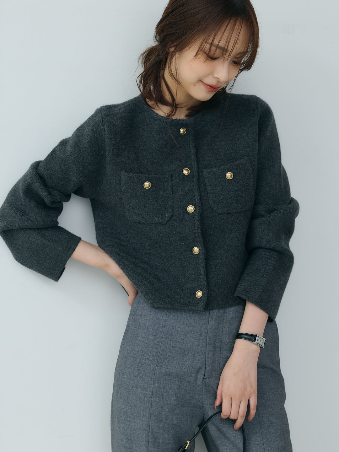 【Essential】Gold button short knit jacket