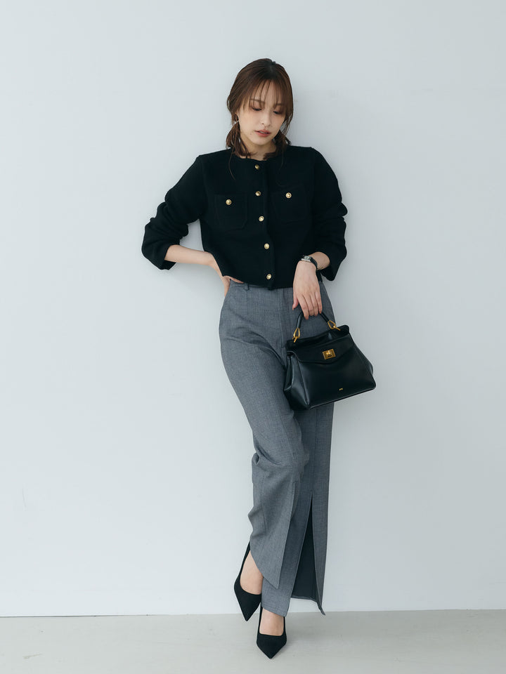 【SET】【Essential】Gold button short knit jacket+【Essential】Front slit semi-flare pants(2set)