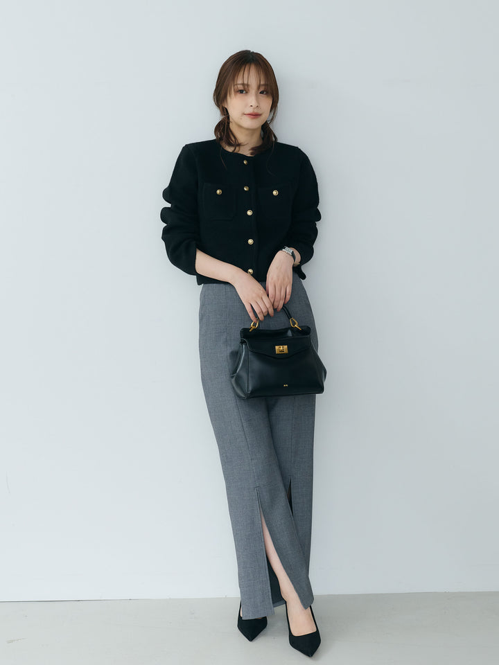 【SET】【Essential】Gold button short knit jacket+【Essential】Front slit semi-flare pants(2set)