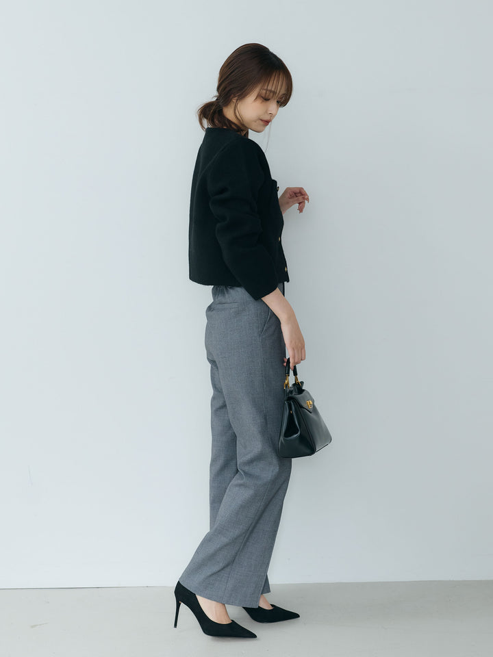 【SET】【Essential】Gold button short knit jacket+【Essential】Front slit semi-flare pants(2set)
