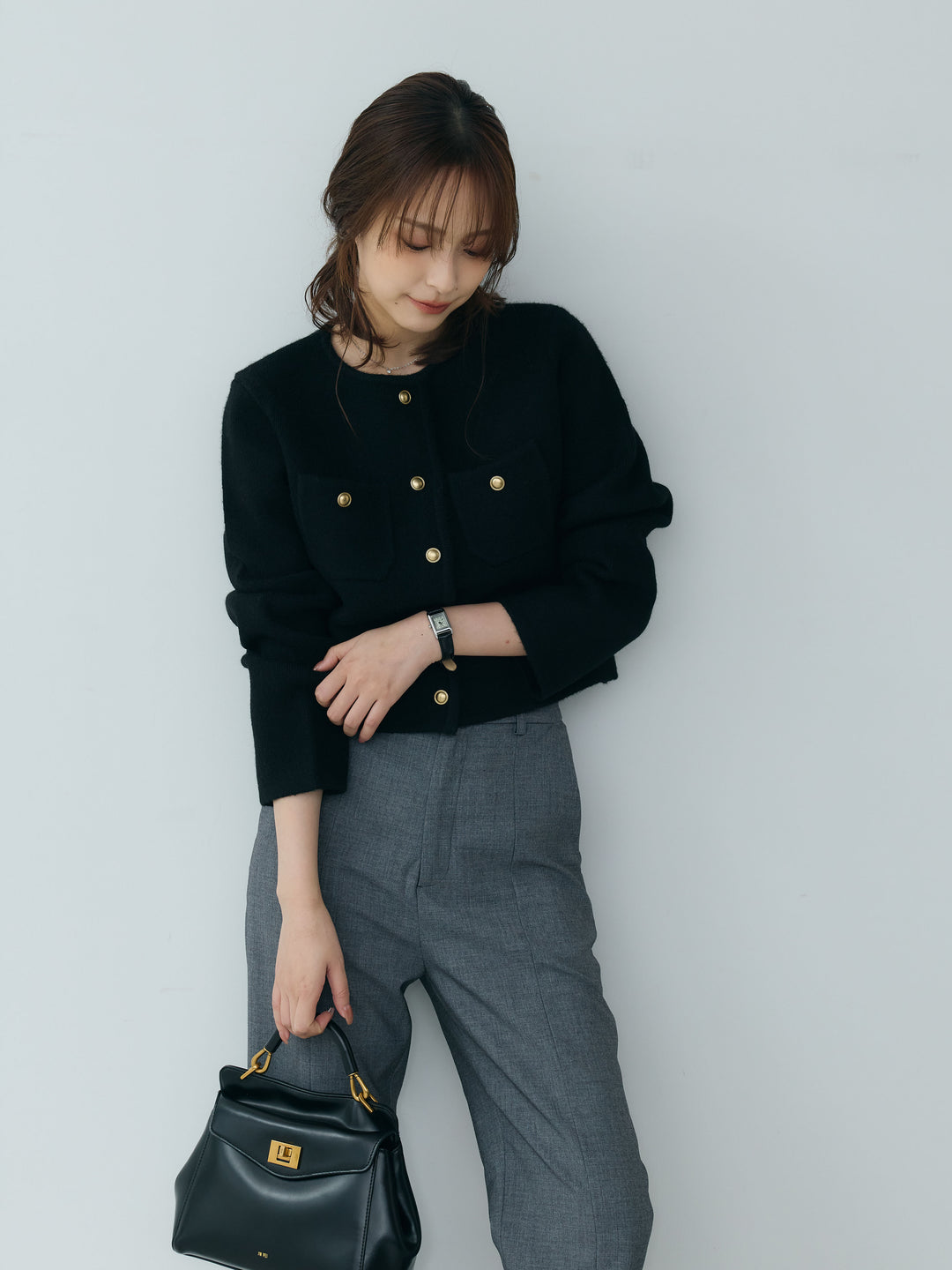 【SET】【Essential】Gold button short knit jacket+【Essential】Front slit semi-flare pants(2set)