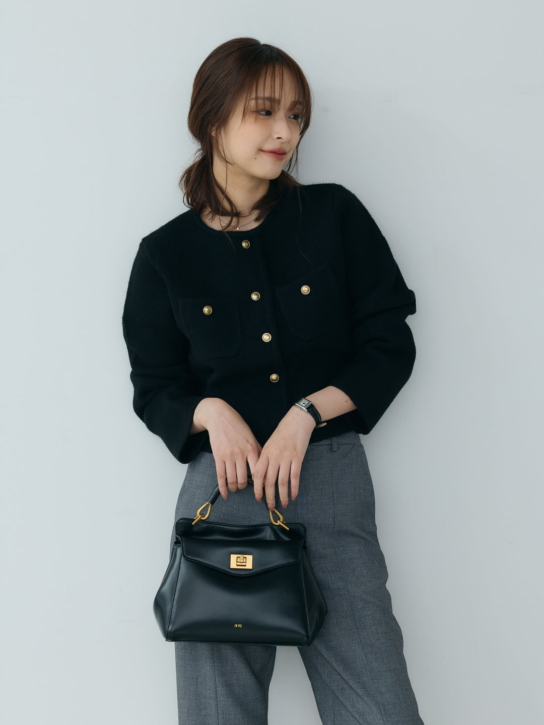 【SET】【Essential】Gold button short knit jacket+【Essential】Front slit semi-flare pants(2set)