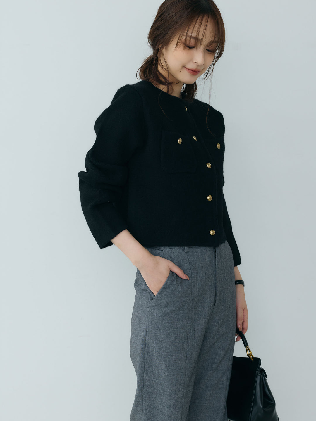 【Essential】Gold button short knit jacket
