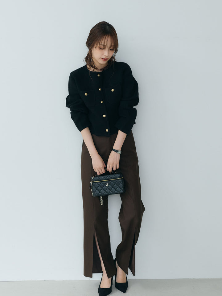 【Essential】Gold button short knit jacket