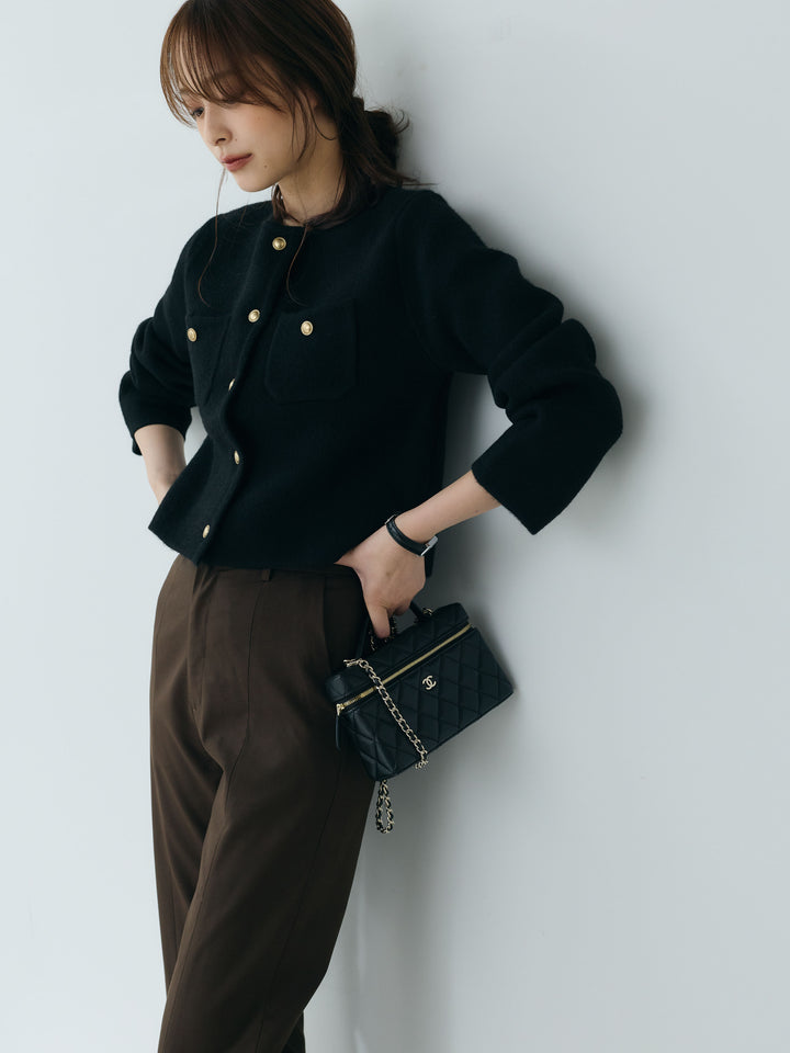 【SET】【Essential】Gold button short knit jacket+【Essential】Front slit semi-flare pants(2set)