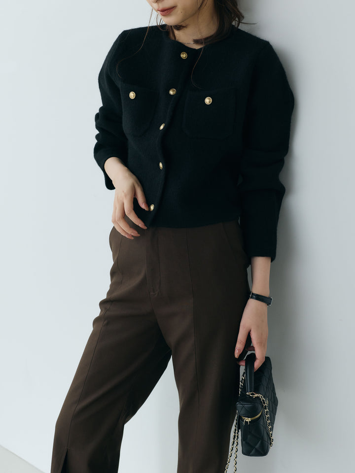 【SET】【Essential】Gold button short knit jacket+【Essential】Front slit semi-flare pants(2set)