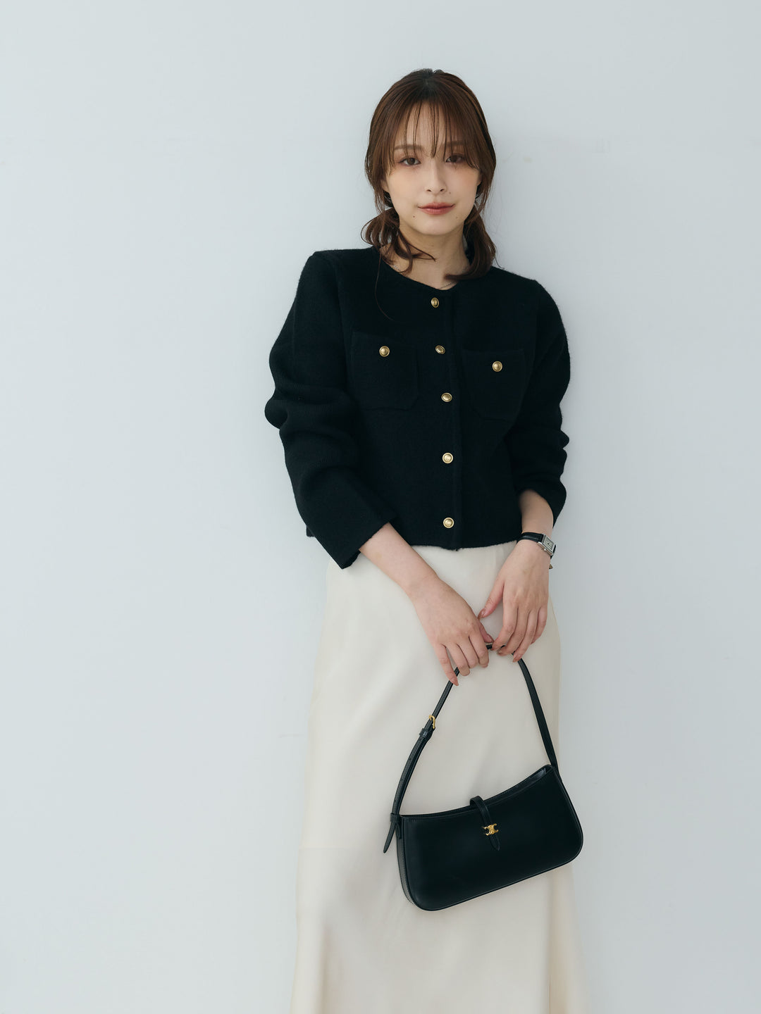 【SET】【Essential】Gold button short knit jacket+裾レースAラインサテンスカート(2set)