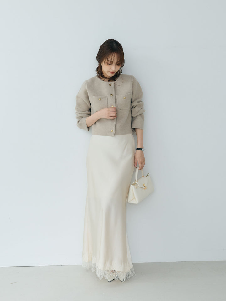 【SET】【Essential】Gold button short knit jacket+裾レースAラインサテンスカート(2set)