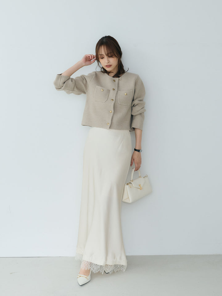 【SET】【Essential】Gold button short knit jacket+裾レースAラインサテンスカート(2set)