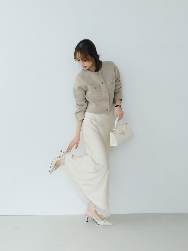 【SET】【Essential】Gold button short knit jacket+裾レースAラインサテンスカート(2set)