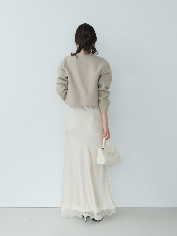 【SET】【Essential】Gold button short knit jacket+裾レースAラインサテンスカート(2set)