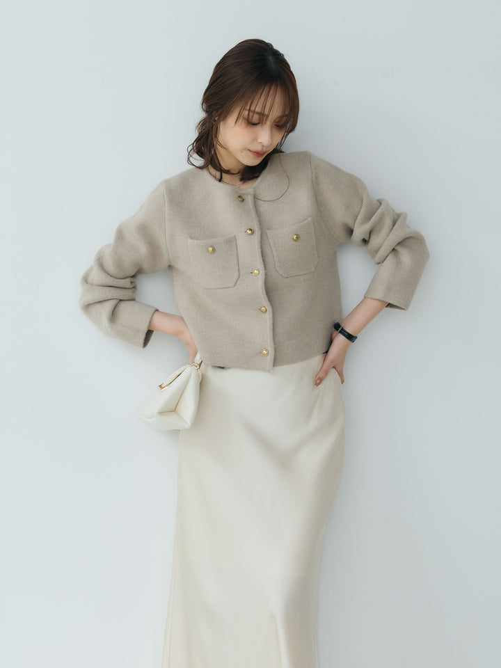 【Essential】Gold button short knit jacket