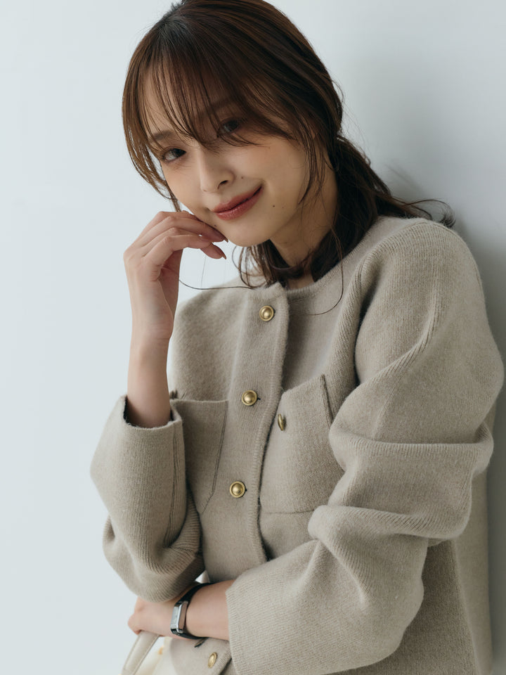 【SET】【Essential】Gold button short knit jacket+裾レースAラインサテンスカート(2set)