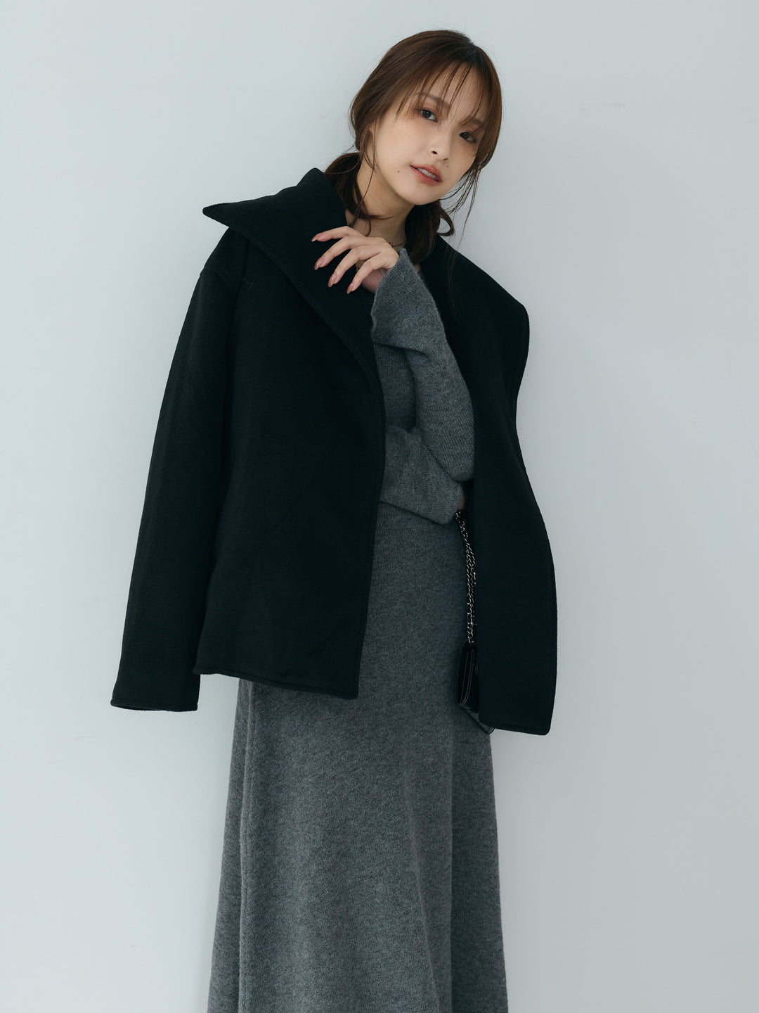 【SET】【Essential】Wool middle coat+ベルスリーブフレアニットワンピース(2set)