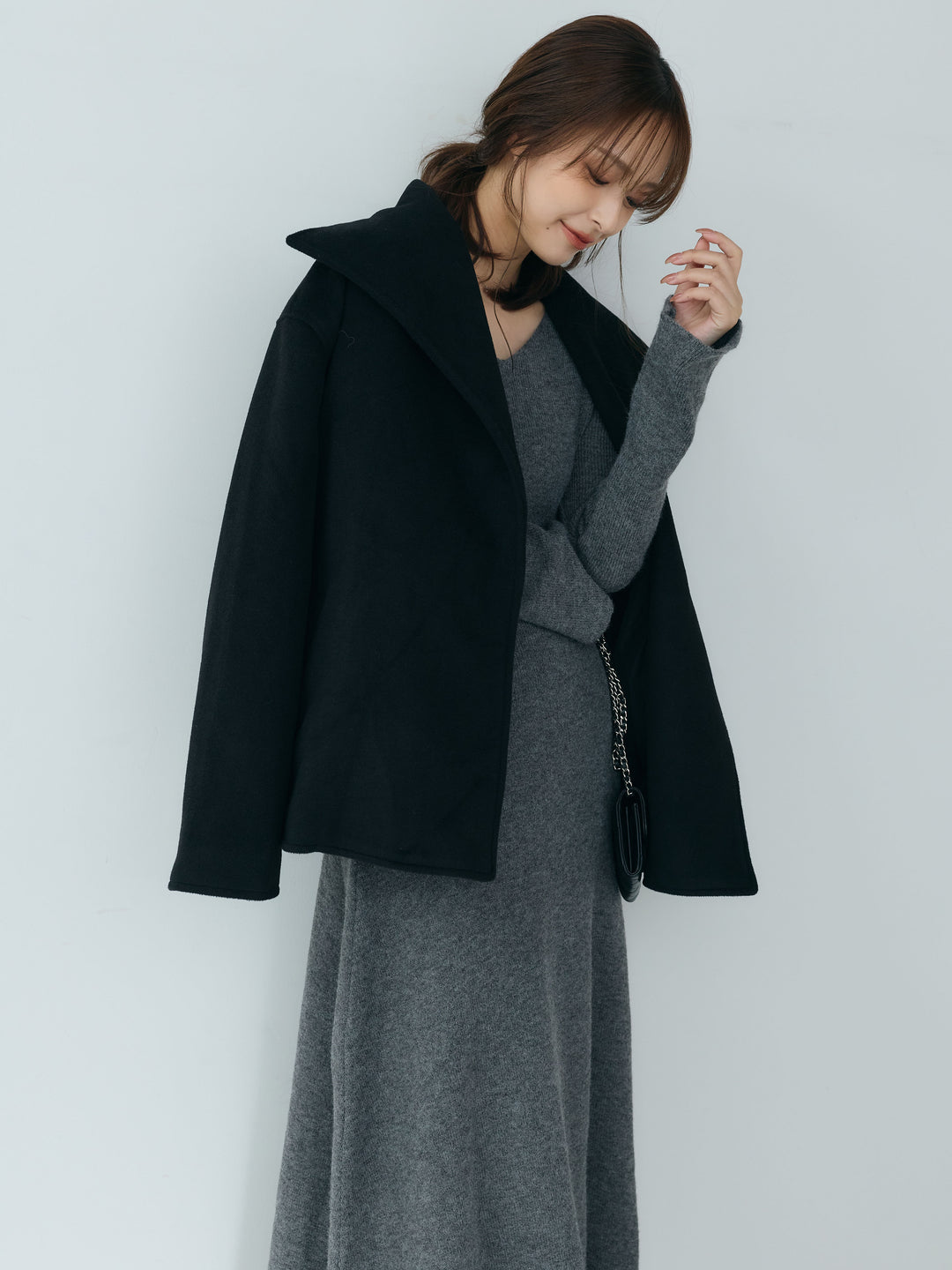 【SET】【Essential】Wool middle coat+ベルスリーブフレアニットワンピース(2set)
