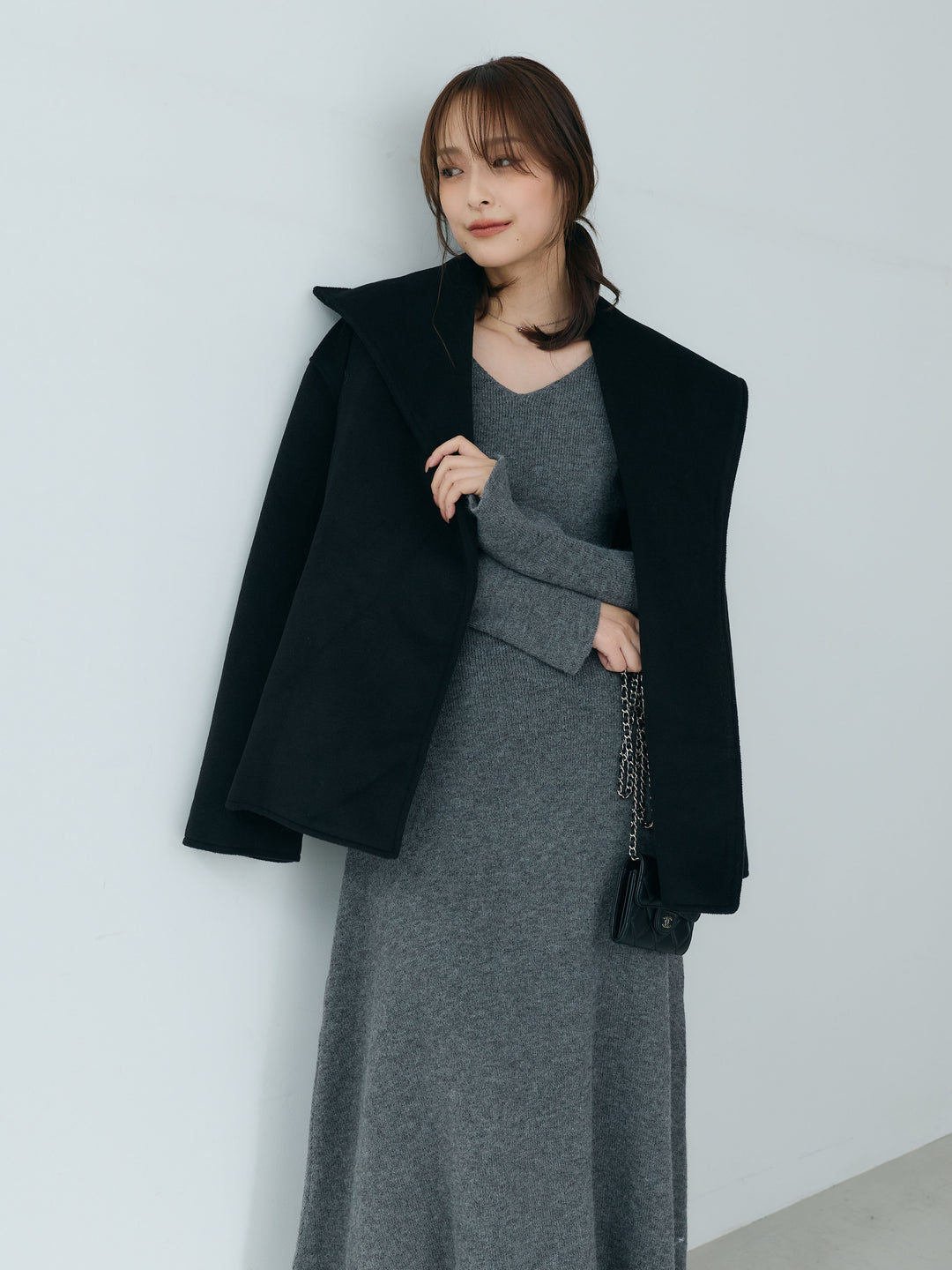 【SET】【Essential】Wool middle coat+ベルスリーブフレアニットワンピース(2set)