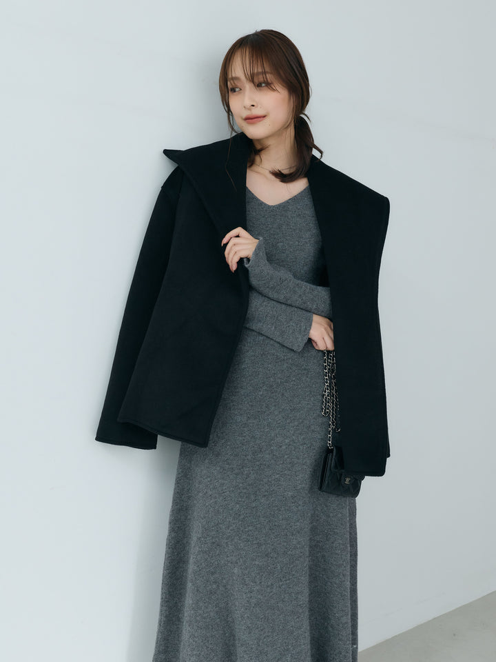 【SET】【Essential】Wool middle coat+ベルスリーブフレアニットワンピース(2set)