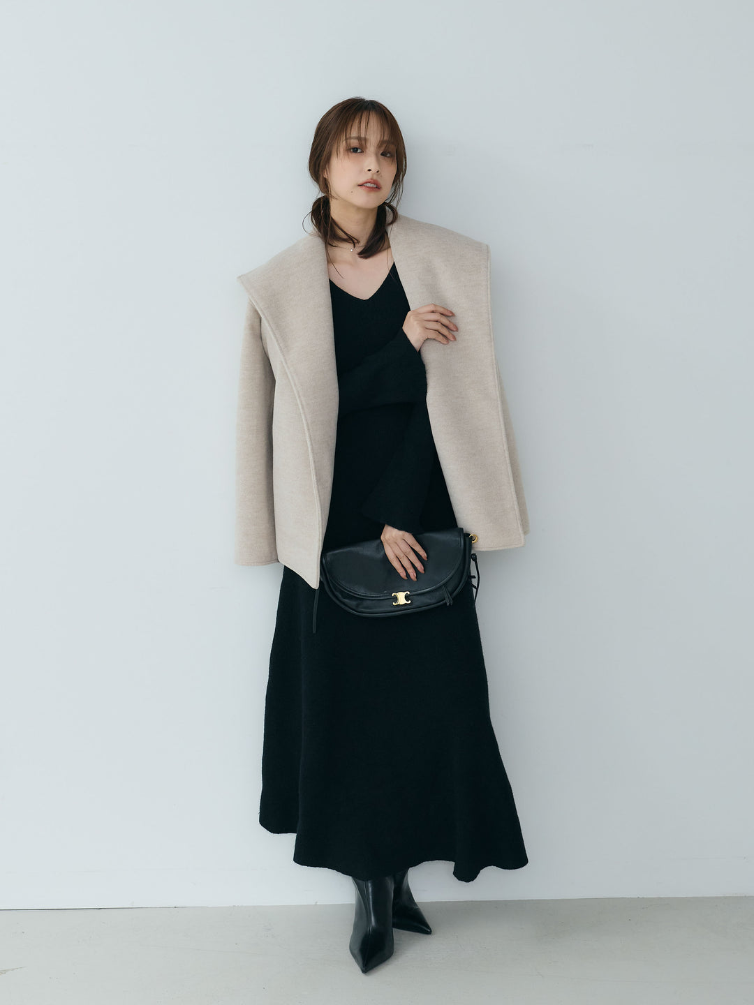 【SET】【Essential】Wool middle coat+ベルスリーブフレアニットワンピース(2set)