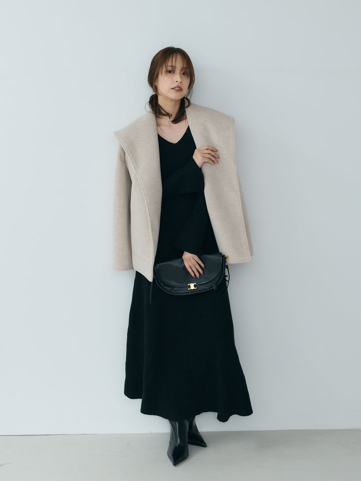 【SET】【Essential】Wool middle coat+ベルスリーブフレアニットワンピース(2set)