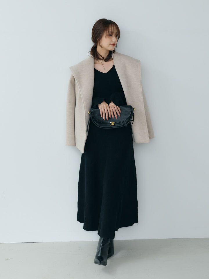 【SET】【Essential】Wool middle coat+ベルスリーブフレアニットワンピース(2set)