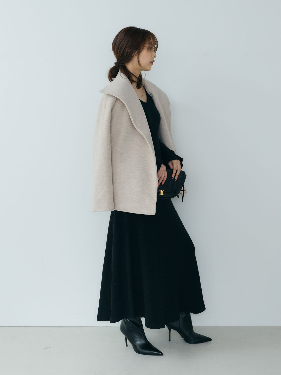 【SET】【Essential】Wool middle coat+ベルスリーブフレアニットワンピース(2set)