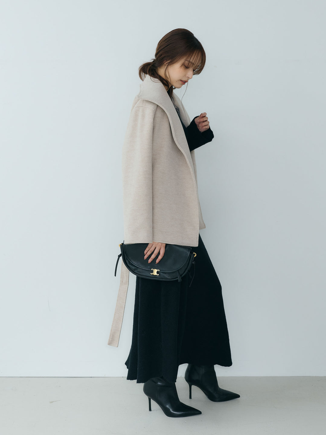 【SET】【Essential】Wool middle coat+ベルスリーブフレアニットワンピース(2set)