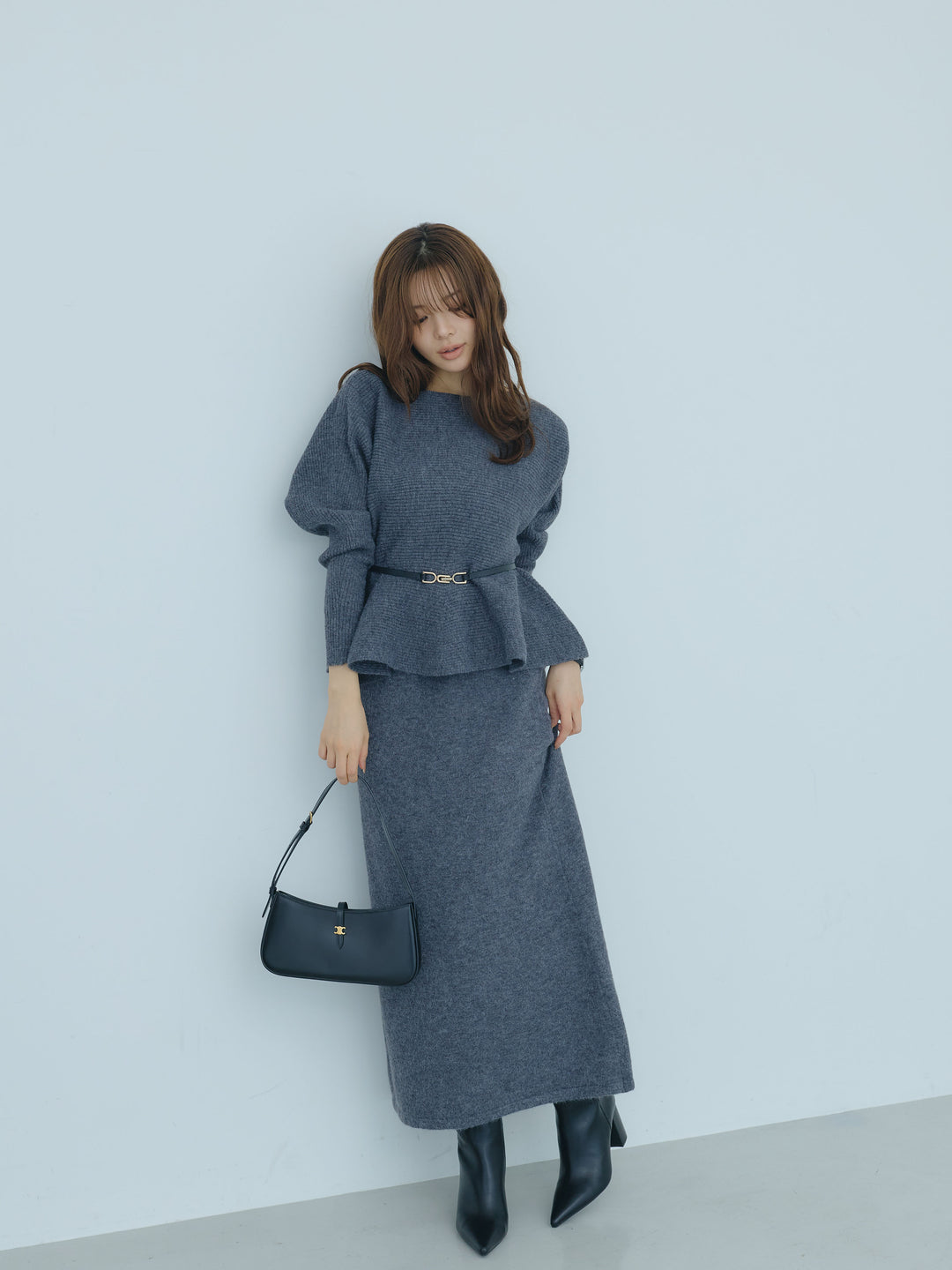 フレアヘムリブボートネックニットトップス&ニットロングスカートSET UP