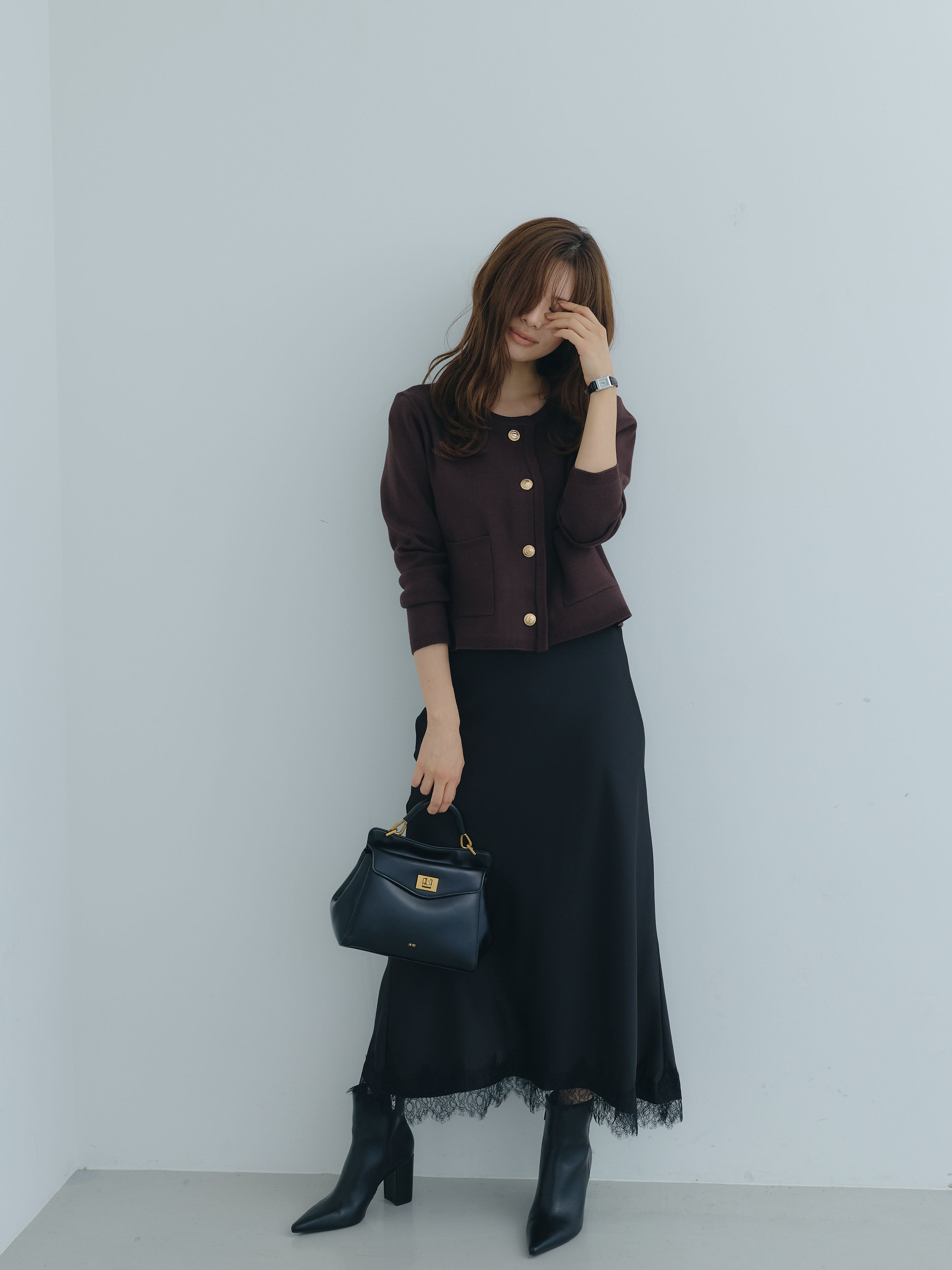 SET】ゴールドボタンダブルポケットニットカーディガン+裾レースA