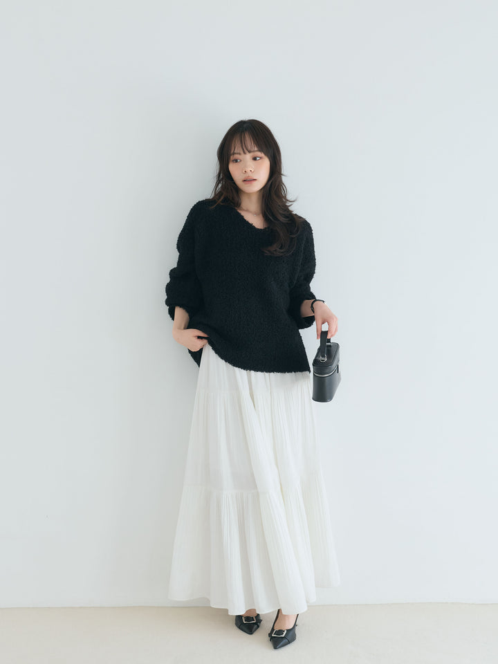 【SET】プードルフェザーVネックプルオーバー+【Essential】Soft sheen tiered flare skirt(2set)