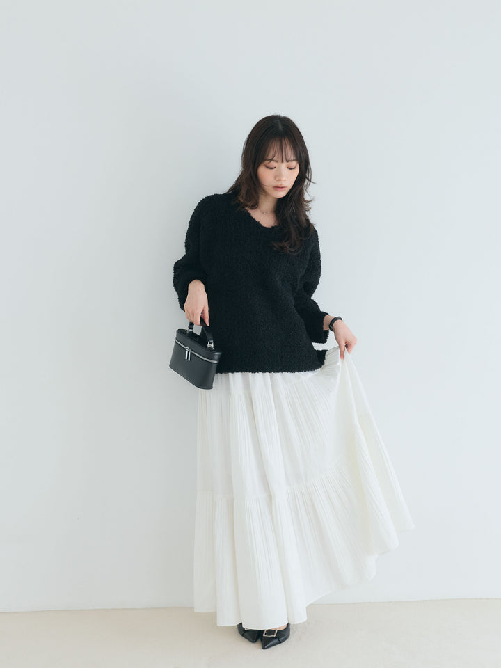 【SET】プードルフェザーVネックプルオーバー+【Essential】Soft sheen tiered flare skirt(2set)
