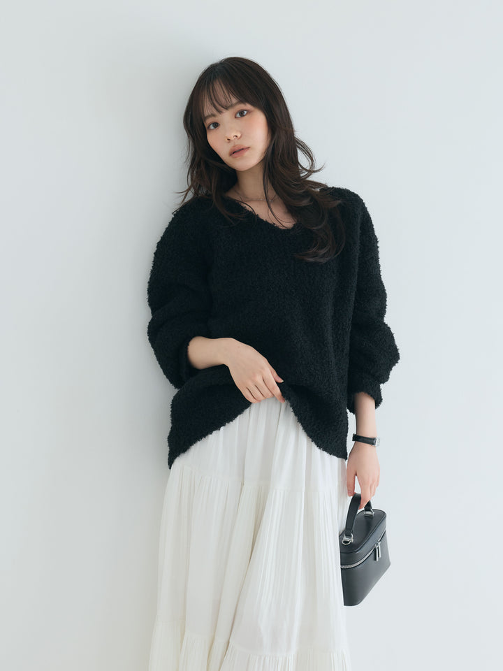 【SET】プードルフェザーVネックプルオーバー+【Essential】Soft sheen tiered flare skirt(2set)