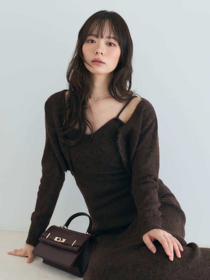 ショートニットカーディガン&ニットキャミロングワンピースアンサンブルSET