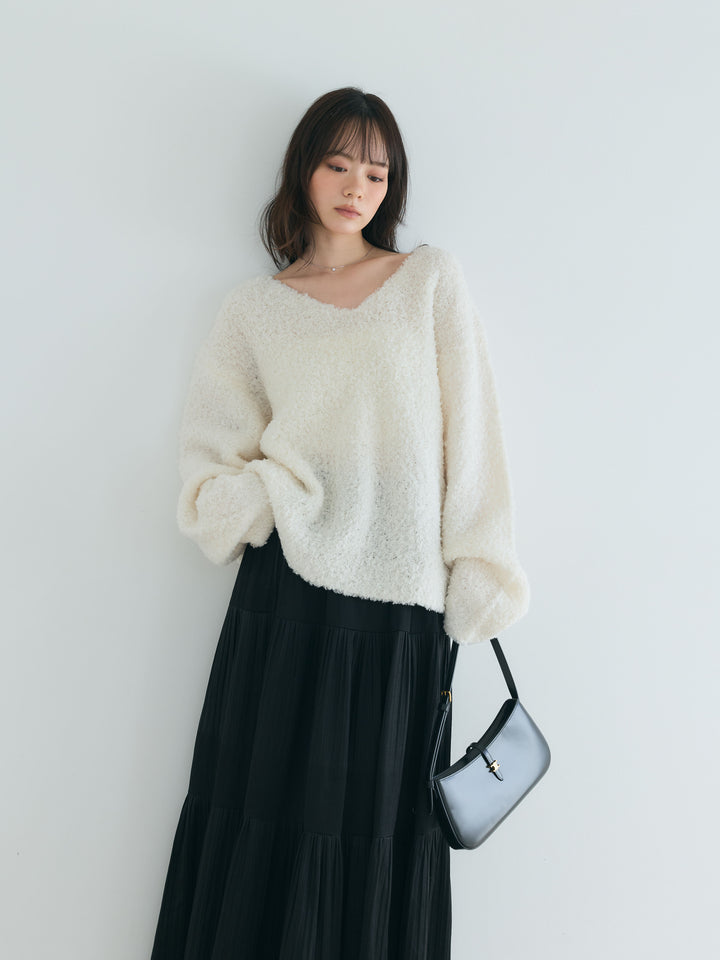 【SET】プードルフェザーVネックプルオーバー+【Essential】Soft sheen tiered flare skirt(2set)