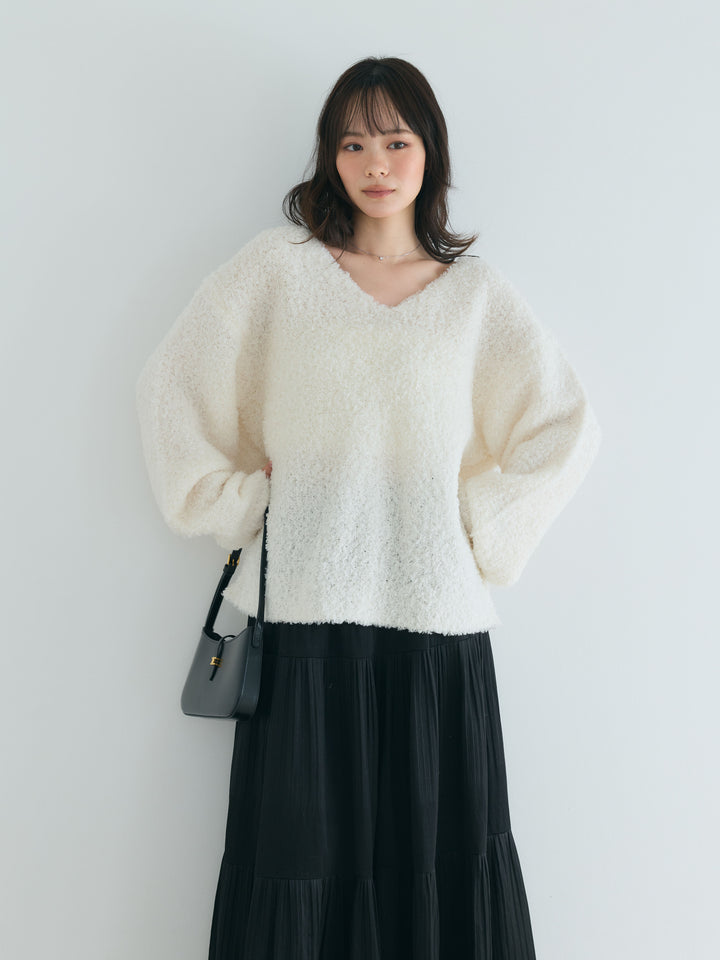 【SET】プードルフェザーVネックプルオーバー+【Essential】Soft sheen tiered flare skirt(2set)