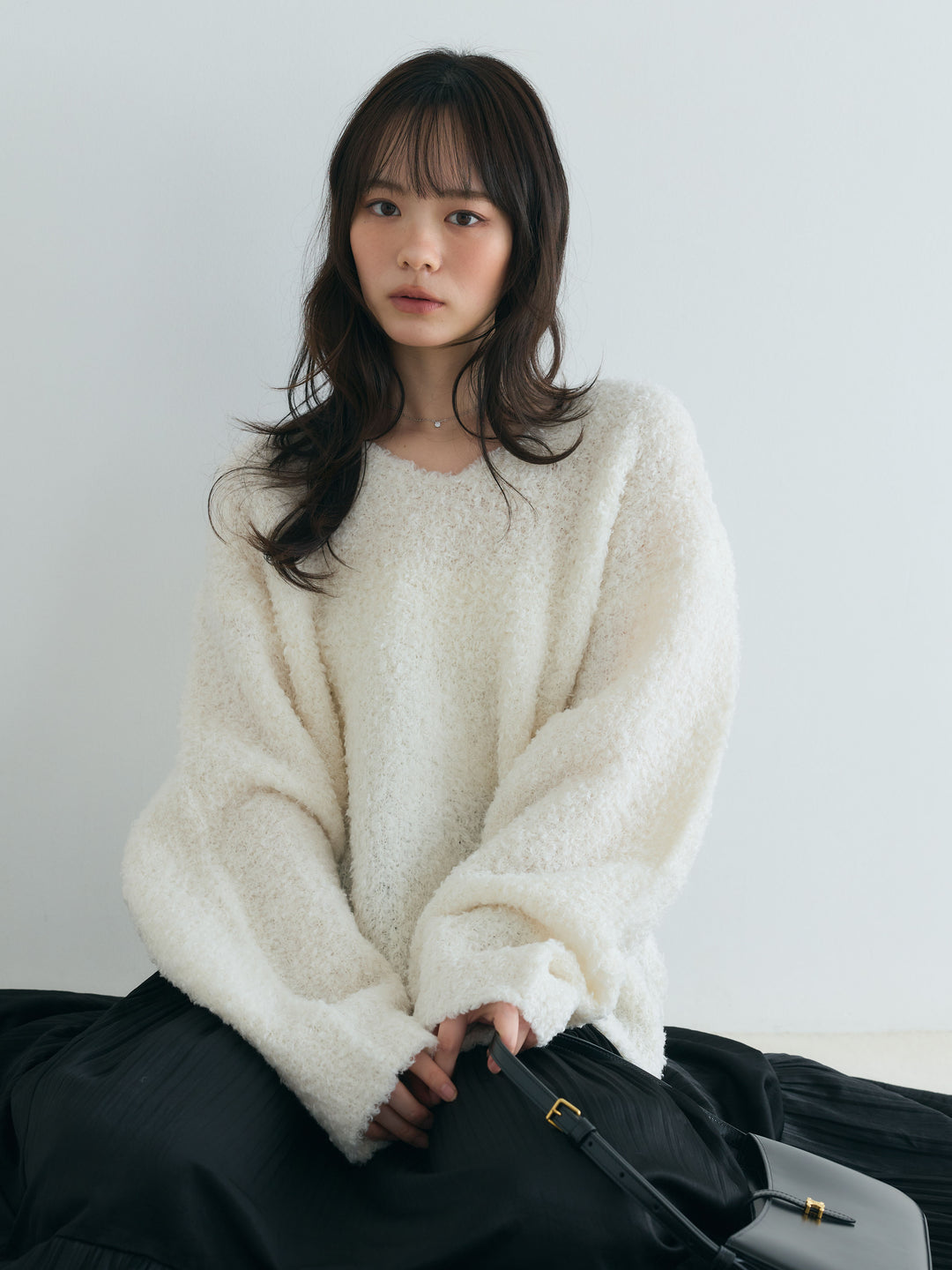【SET】プードルフェザーVネックプルオーバー+【Essential】Soft sheen tiered flare skirt(2set)