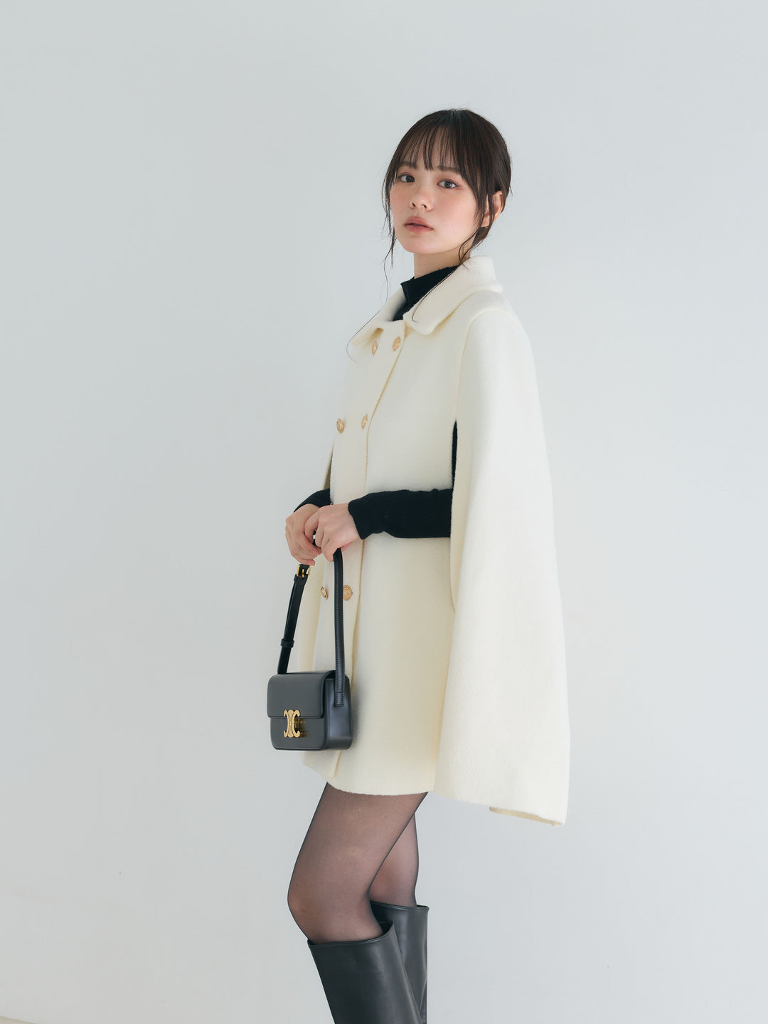 【SET】クラシカルAラインケープコート+モックネックニットトップス(2set)