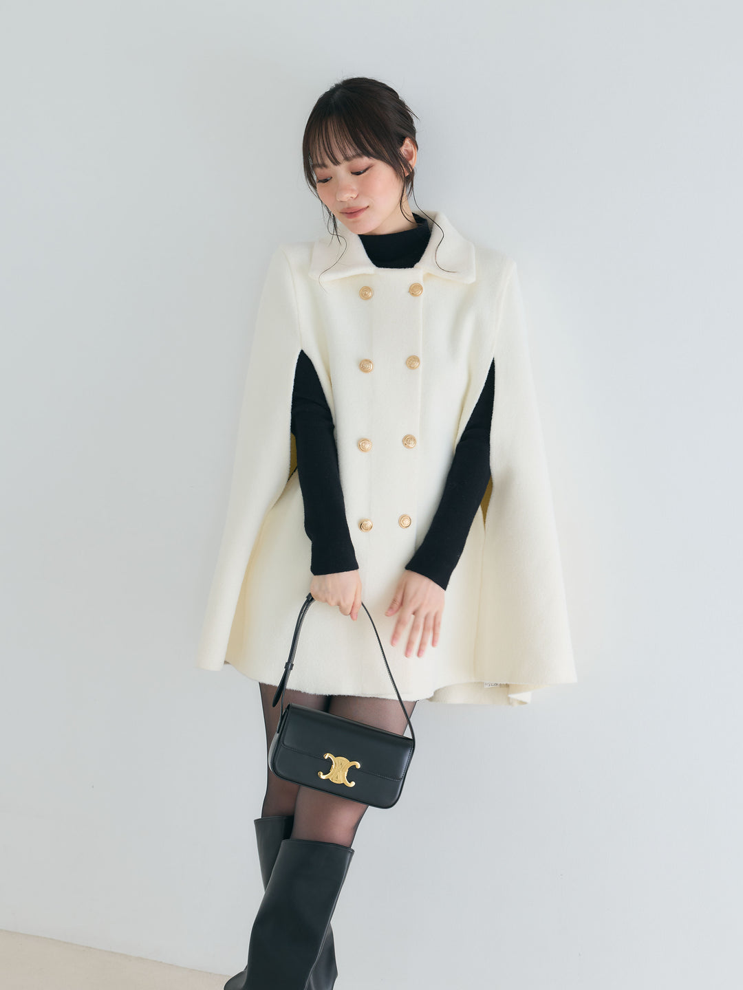 【SET】クラシカルAラインケープコート+モックネックニットトップス(2set)