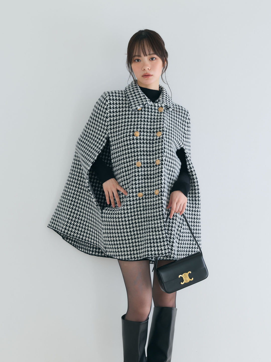 【SET】クラシカルAラインケープコート+モックネックニットトップス(2set)