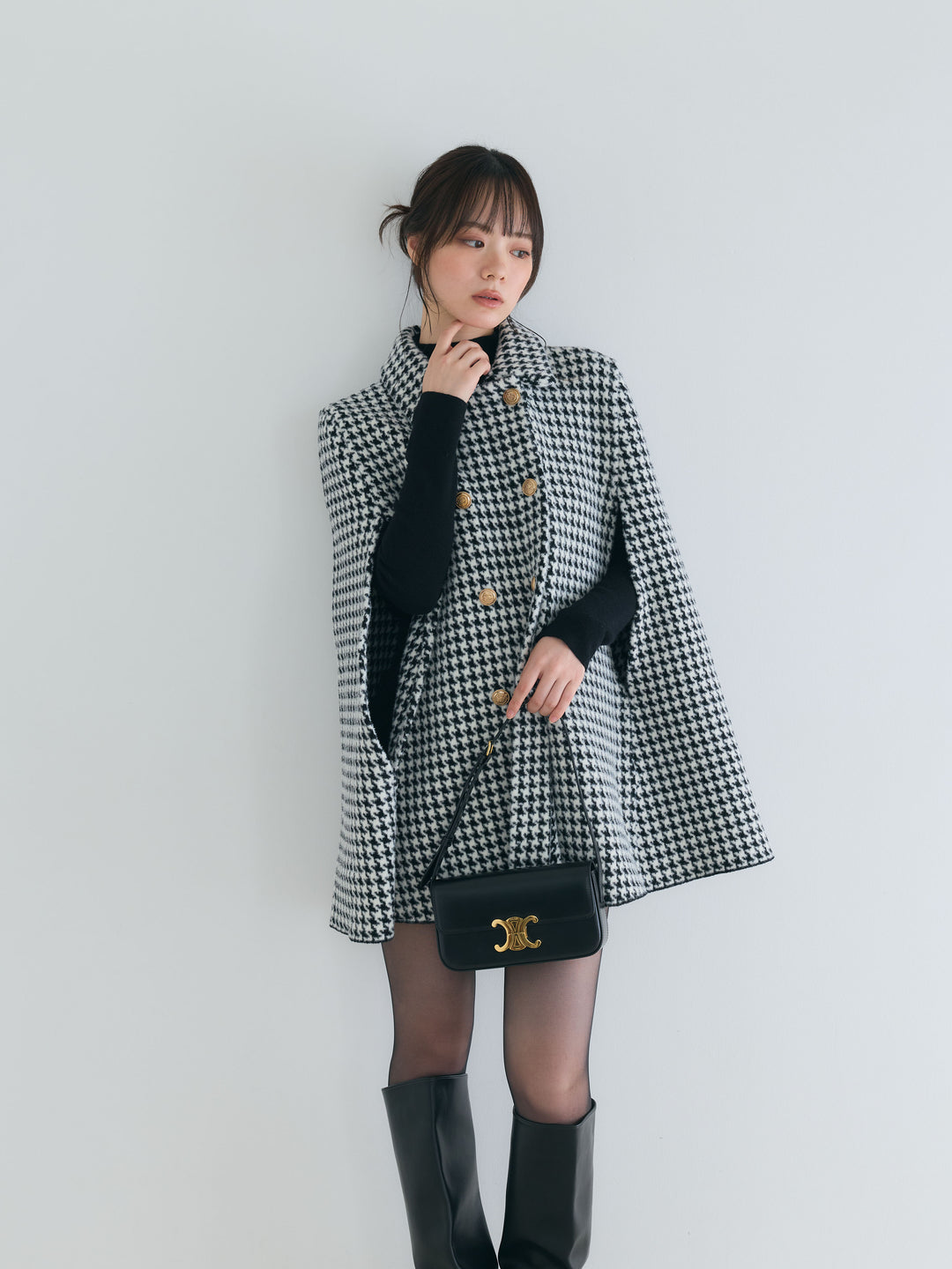 【SET】クラシカルAラインケープコート+モックネックニットトップス(2set)