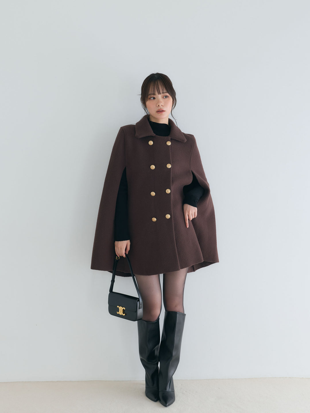 【SET】クラシカルAラインケープコート+モックネックニットトップス(2set)