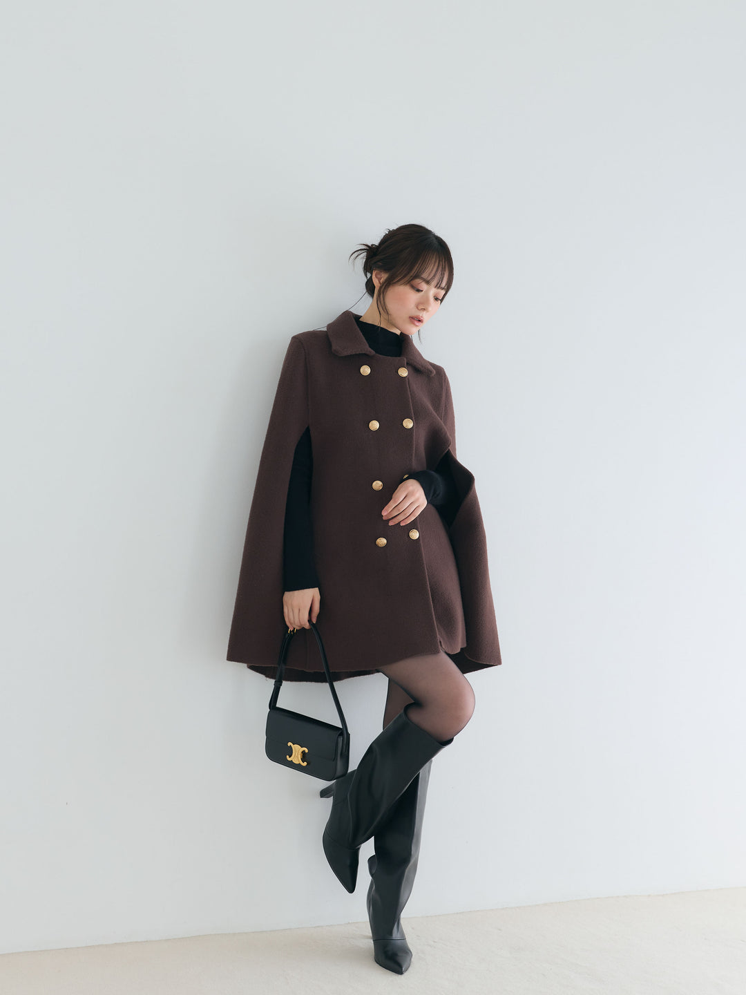 【SET】クラシカルAラインケープコート+モックネックニットトップス(2set)